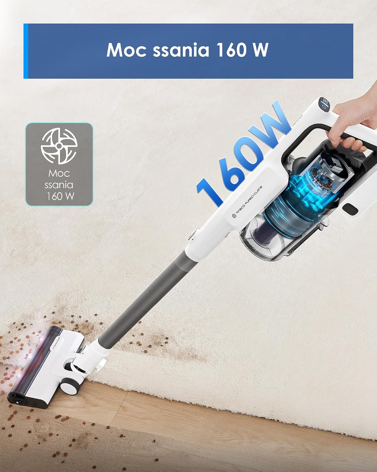 Tineco A30S draadloze steelstofzuiger, 160 W zuigkracht, 60 minuten looptijd, 1 liter grotere vuilnisbak, ZeroTangle-borstel, Tineco PureCyclone Tech, LED-koplamp