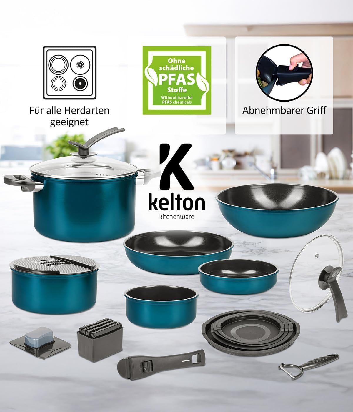 Juego de sartenes y ollas Kelton 3 en 1 con tapa y cortador de verduras, 27 piezas, batería de cocina con sartenes y ollas con revestimiento antiadherente, libre de PFOA y PTFE, mango extraíble