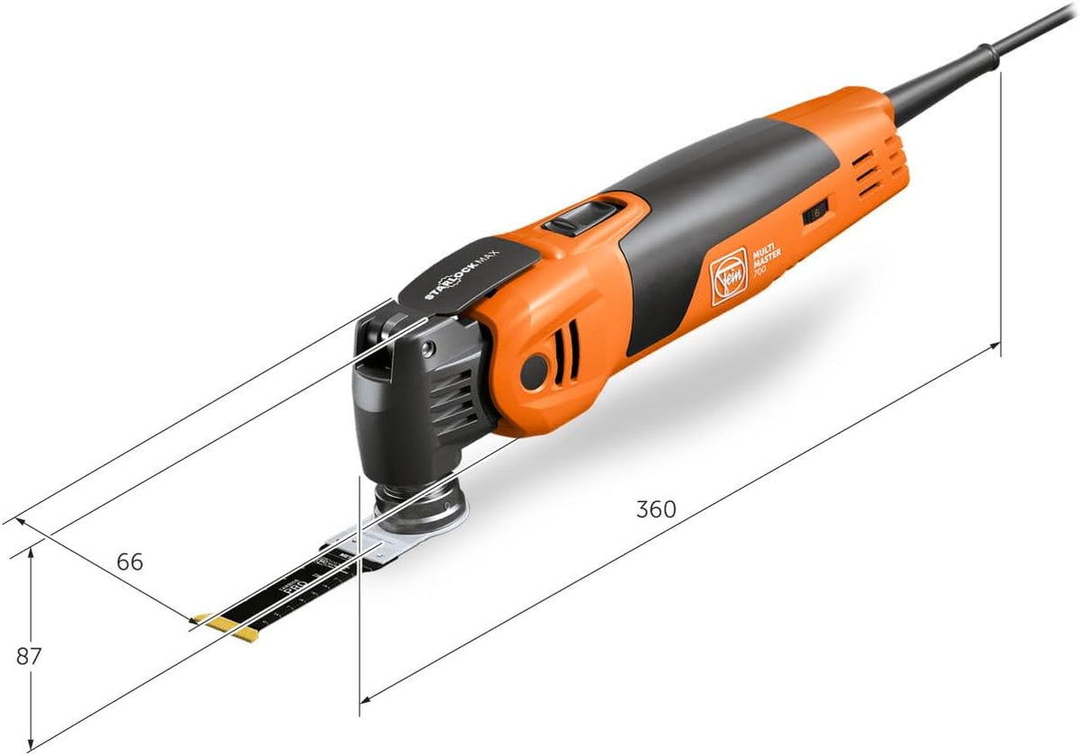 FEIN Multimaster MM 700 Max Top, nuestra mejor multiherramienta con 60 accesorios para serrar, lijar y cortar, 450 W, sistema antivibraciones, encastre StarlockMax, cambio de herramienta QuickIN