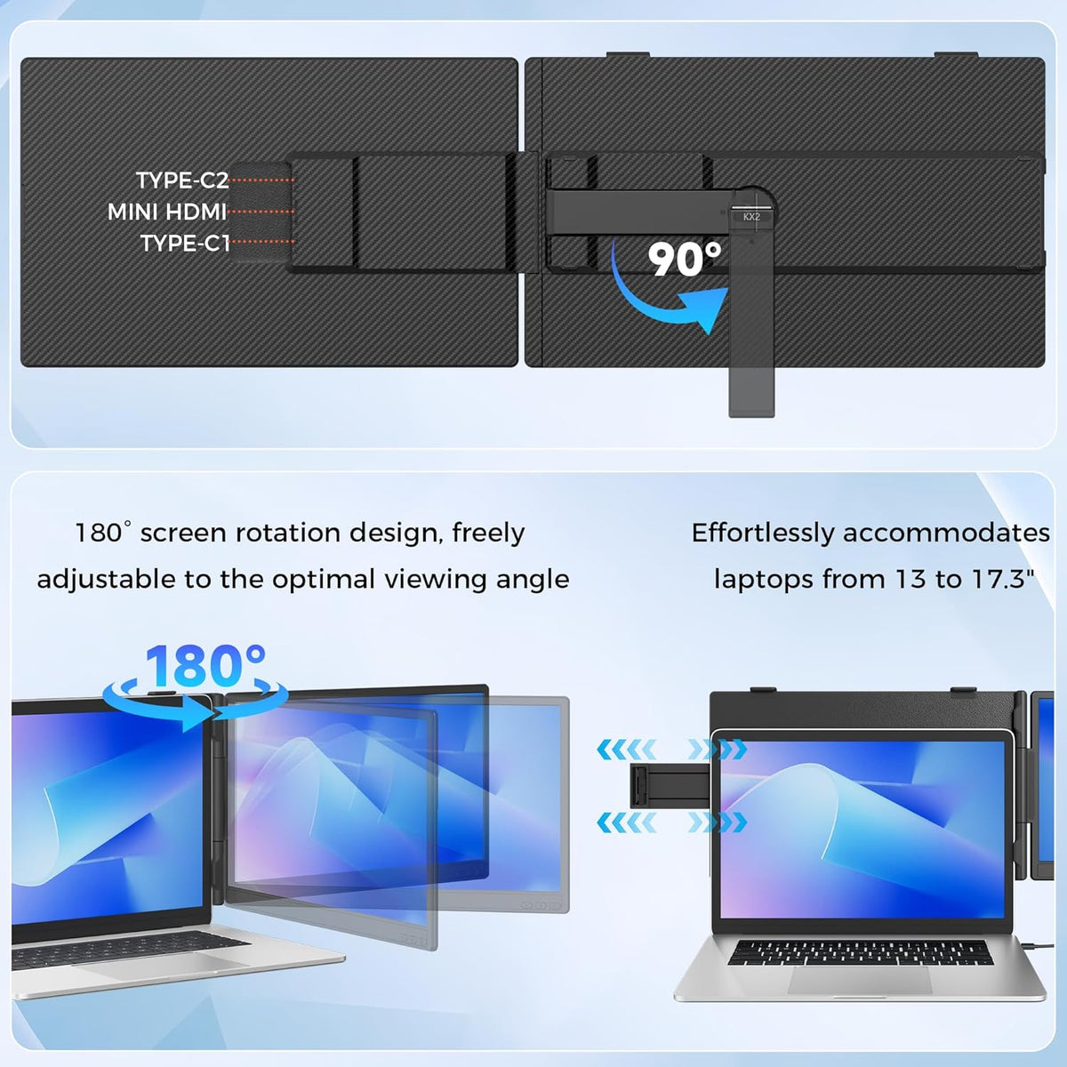 Extensión de pantalla para portátil de 14", pantalla dual IPS FHD 1080P con USB-C/HDMI, extensor de pantalla portátil para portátiles de 13-17.3" con Plug & Play para Mac/Android