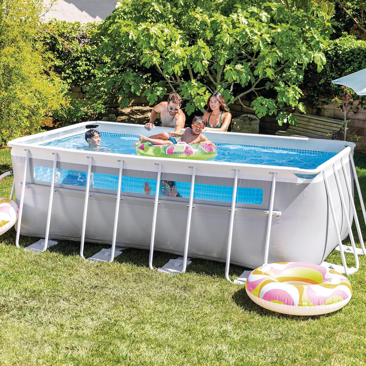 Piscina Desmontable Rectangular Intex Prism Frame, 400x200x122 cm, Material de Triple Capa, Capacidad 8.418 L, Ventana Panorámica, Tapiz, Cobertor, Depuradora de Cartucho, Escalera (56029)