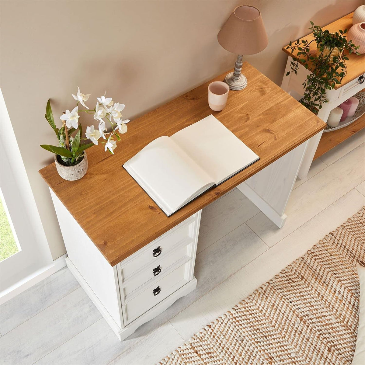 Escritorio Campo de estilo rústico, elegante mesa de madera maciza de pino, mesa de oficina con cajones