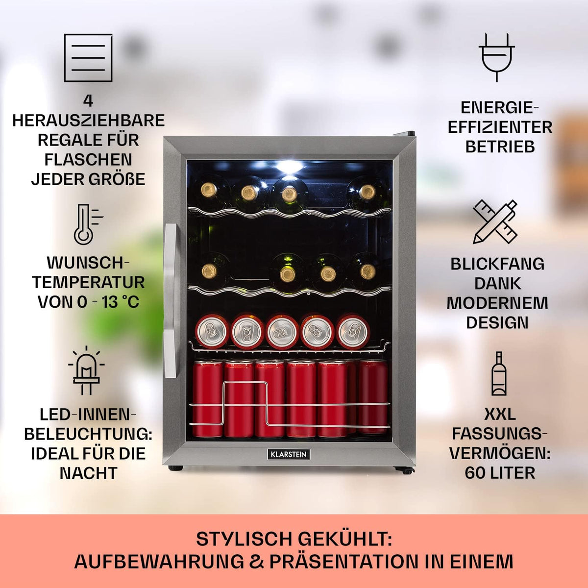 Mininevera Klarstein con puerta de cristal para habitaciones, refrigerador de bebidas con estantes ajustables, pequeño de 80 litros, frigorífico silencioso para interiores/exteriores
