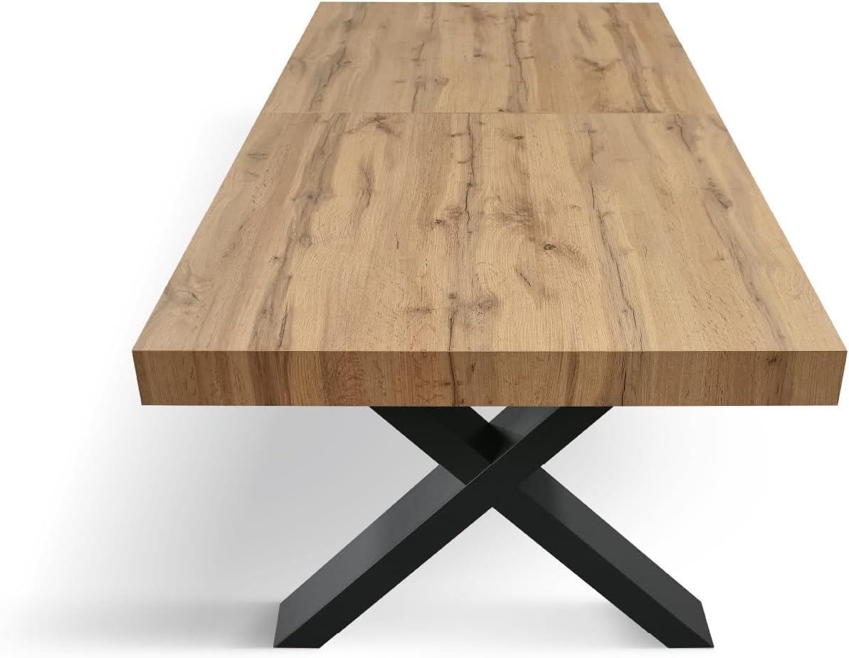 Mesa extensible PAZZO DESIGN Elisa, mesa para salón o cocina, patas en cruz X negras, fabricada en Italia, roble rústico, 160x90x76 cm - id_1997