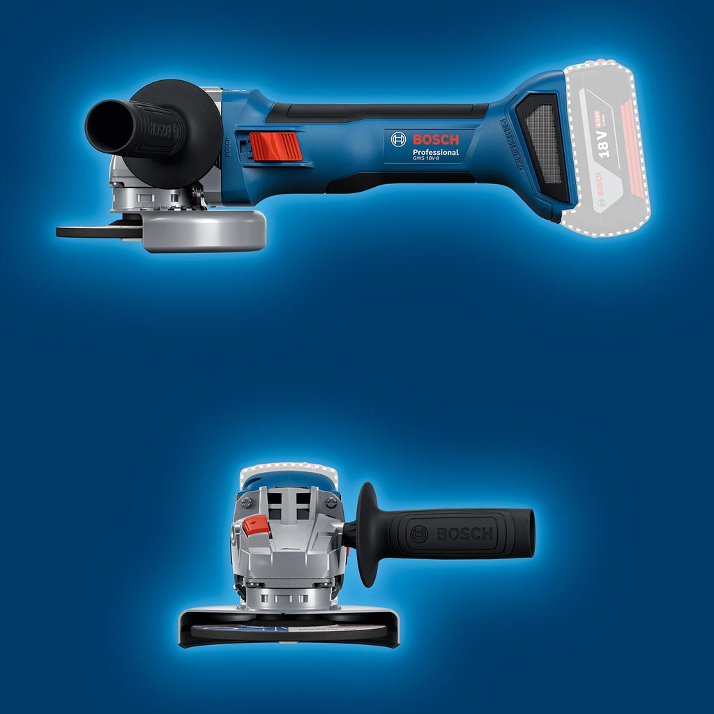 Amoladora angular a batería Bosch Professional 18V System GWS 18V-8 (diámetro de disco 125 mm, incl. 2 baterías GBA 4.0Ah, cargador GAL 18V-40, L-BOXX)