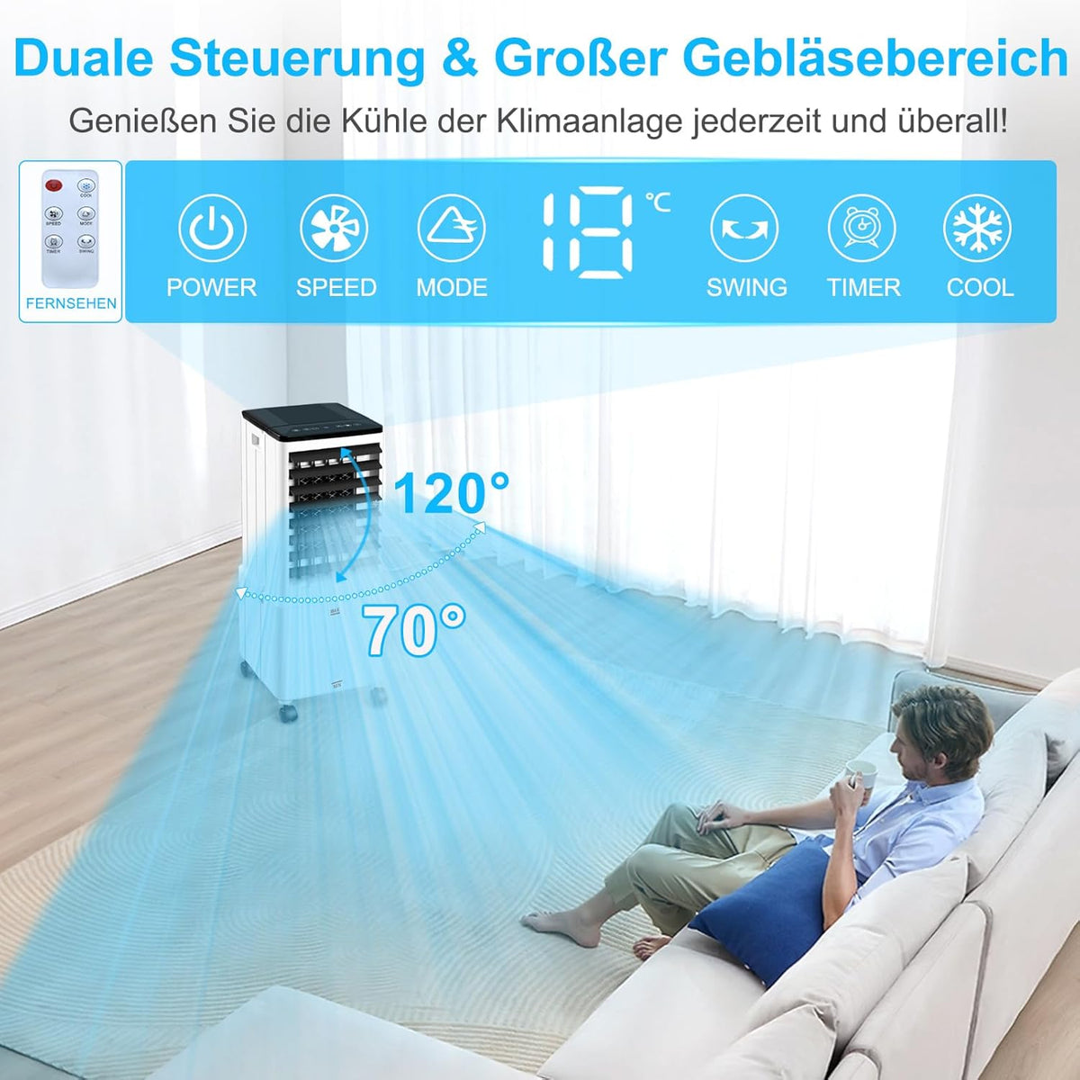Aire acondicionado sin tubo de escape, 14L 60W, unidad móvil con temporizador de 12H, 3 modos, 40dB, oscilación de 120°, depósito de agua extraíble, control remoto, aire acondicionado portátil silencioso para apartamentos y habitaciones