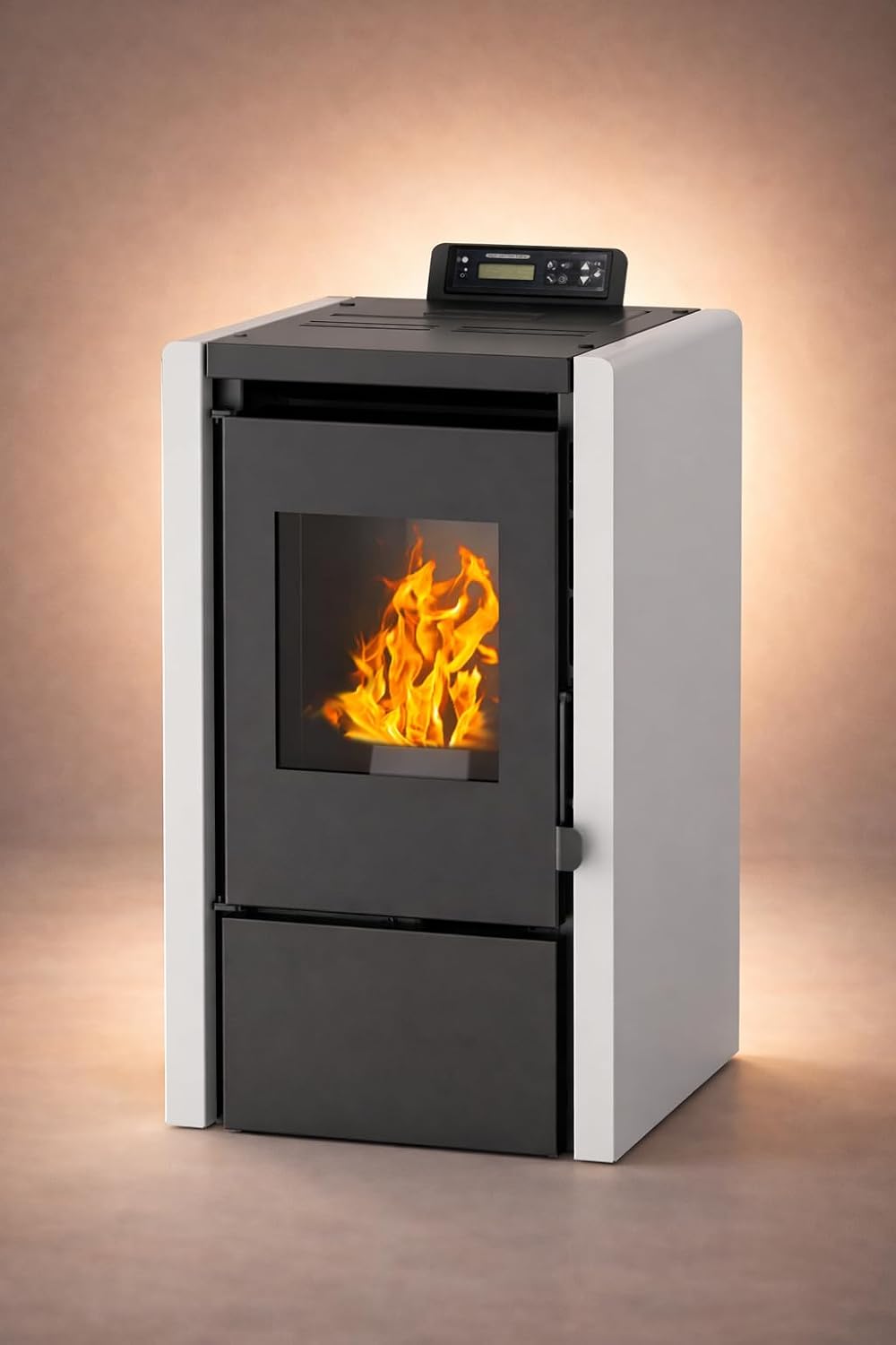 Estufa de pellets NEMAXX® PC5 5,3 kW A+ hasta 120 m³ – Modo crono y ECO, compatible con WiFi (aplicación opcional), pantalla y mando a distancia, combustión por presión negativa, protección contra sobrecalentamiento y apagado automático – Gris