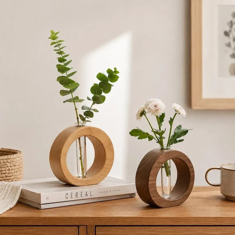 Jarrón redondo de tubo de ensayo de madera de nogal, maceta hidropónica con tubo de vidrio, decoración de escritorio escandinava
