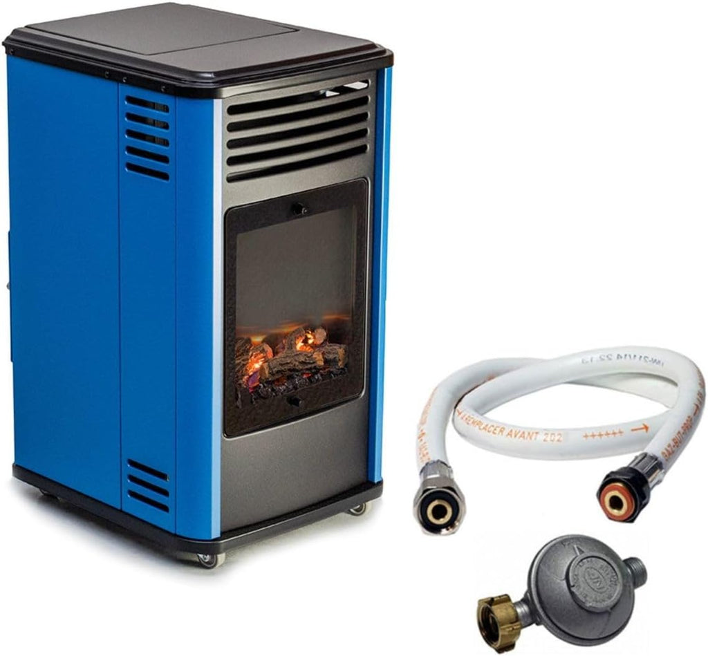 Sahara - Estufa de gas 3,4KW Azul y Negro con efecto estufa de leña Manhattan Calefactor auxiliar + Manguera de gas + Regulador de butano