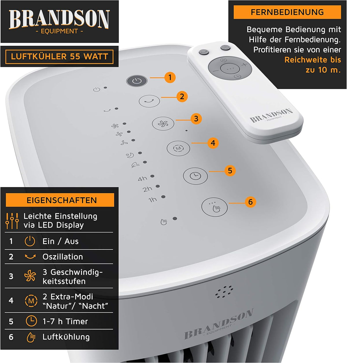 Brandson - Enfriador de aire por agua 5 en 1 - Enfriador evaporativo, humidificador, ventilador y purificador de aire, aire acondicionado portátil sin tubo de escape - Galardonado 2025 - silencioso - depósito de agua de 5 L
