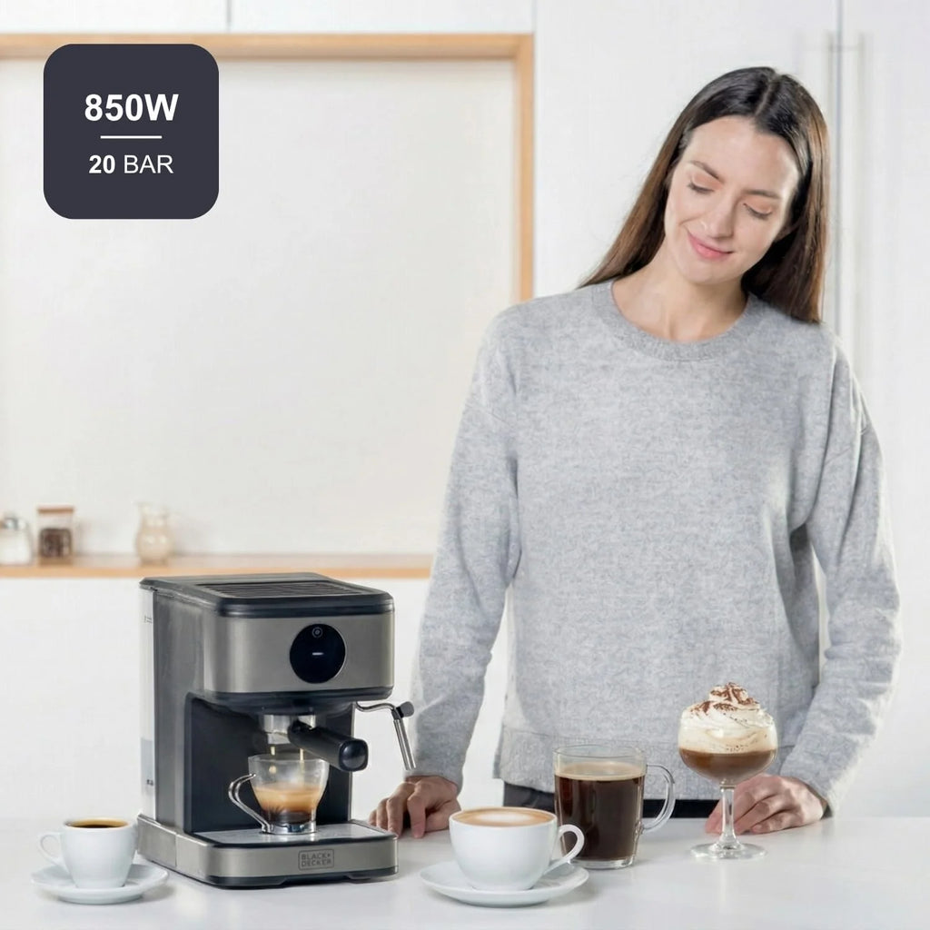 BLACK+DECKER BXCO850E - Ekspres do kawy espresso 850W, 20 barów, 2 filiżanki, funkcja pary, automatyczne wyłączanie, programowalna ilość, system ekstra kremowy, zbiornik 1,5 l, wykończenie