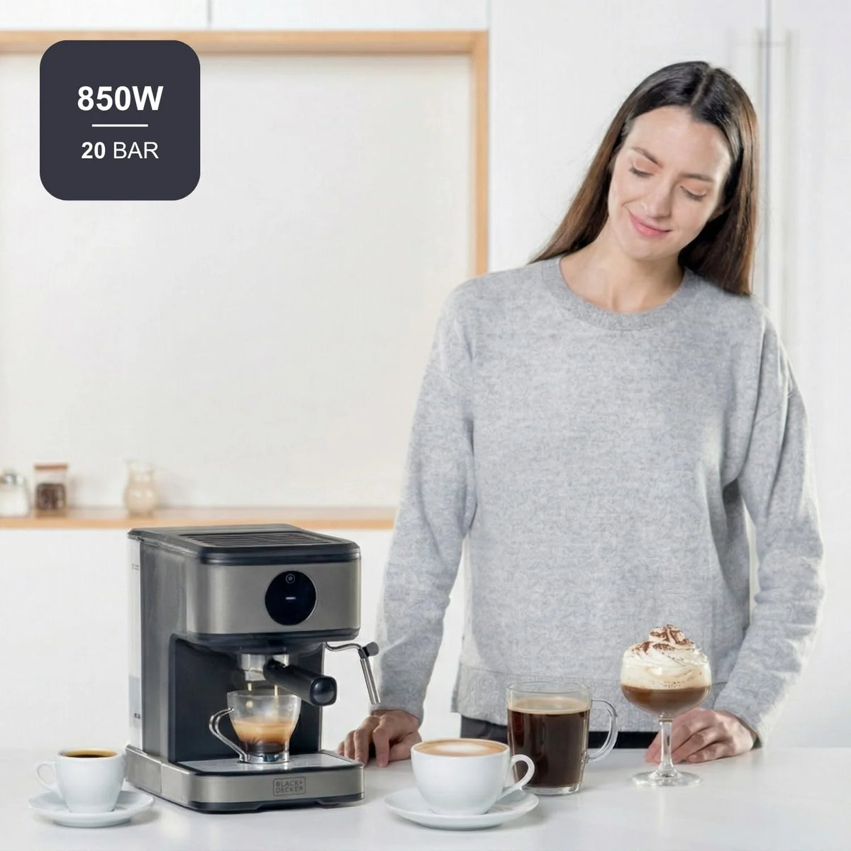BLACK+DECKER BXCO850E - Ekspres do kawy espresso 850W, 20 barów, 2 filiżanki, funkcja pary, automatyczne wyłączanie, programowalna ilość, system ekstra kremowy, zbiornik 1,5 l, wykończenie