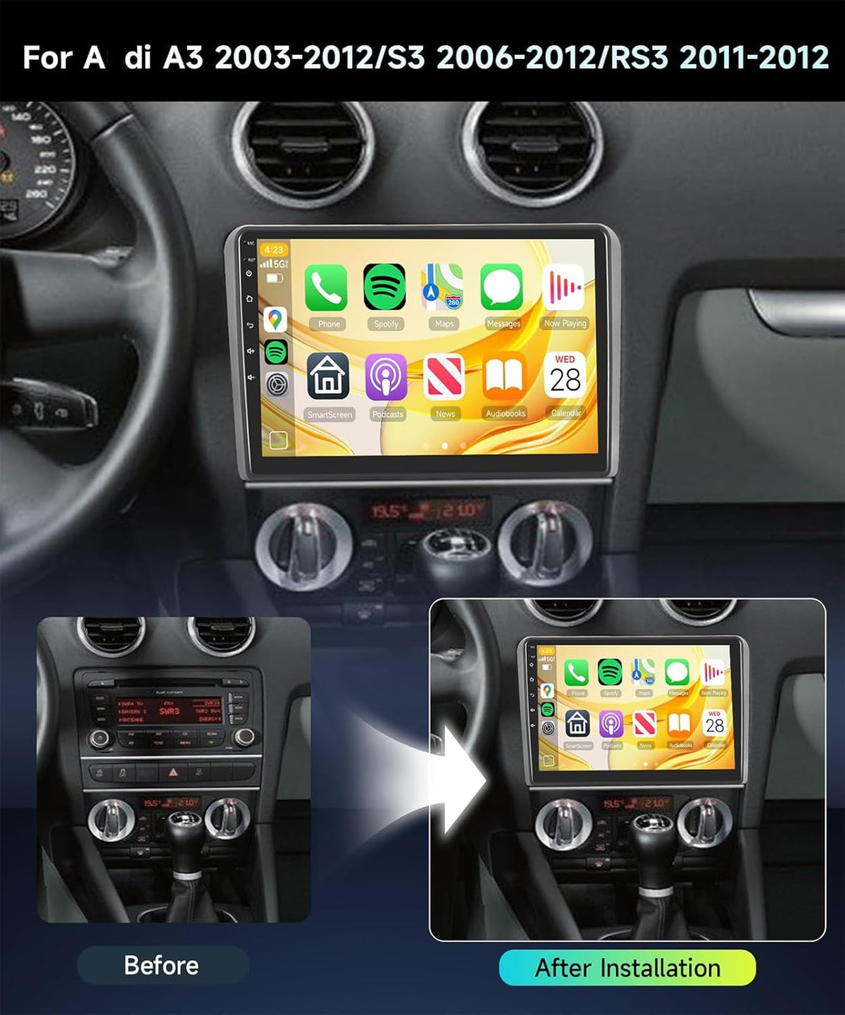 Radio de coche Android 4G 64G PLKEQS para A-UDI A3 2003-2012/S3 2006-2012/RS3 2011-2012, pantalla in-Cell de 9'', estéreo de coche con CarPlay, Android Auto, GPS, Bluetooth, FM RDS, EQ, Wi-Fi, cámara, Y1