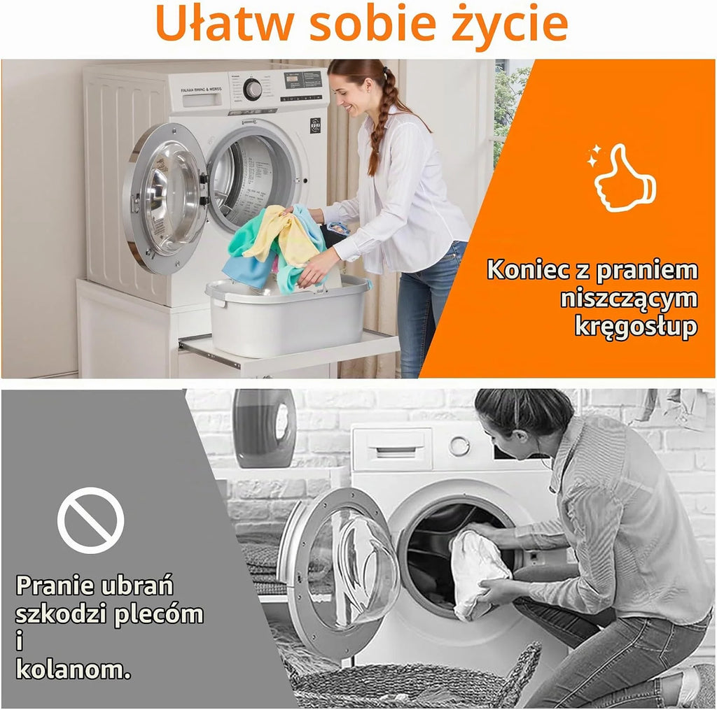 Stojak do pralki i suszarki z półką na kosz na pranie i zintegrowaną tacą odpływową + elastyczny wąż, nośność 700 lb, wykonany z płyty MDF i metalu, 63 x 54 x 50 cm
