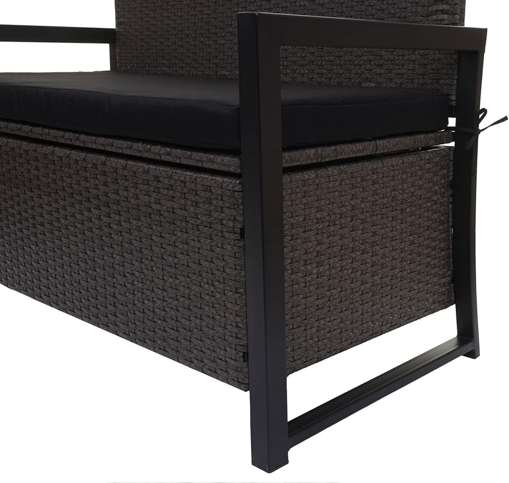 Banco de jardín Mendler Poly-Rattan 2 plazas HWC-F39AM, banco arcón, compartimento de almacenamiento con cojín - gris, cojines negros