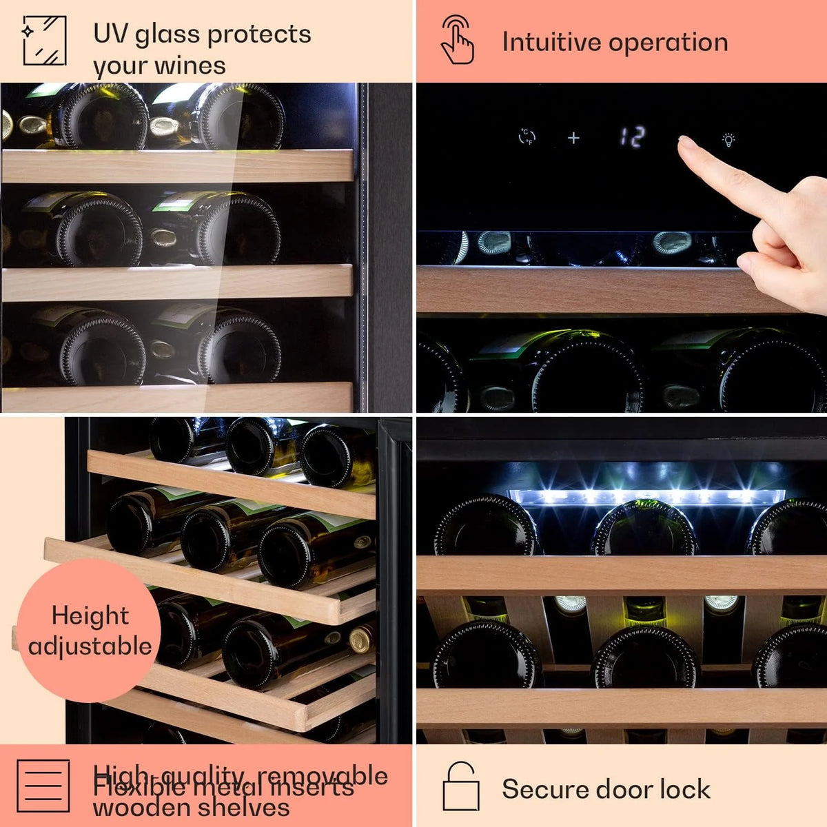 Klarstein Chłodziarka do wina wolnostojąca, Mała wąska lodówka na napoje, 1 strefa, chłodziarka ze szklanymi drzwiami, Beersafe Indoor/Outdoor, Mała lodówka z ochroną UV, 5-18°C, 52 butelki