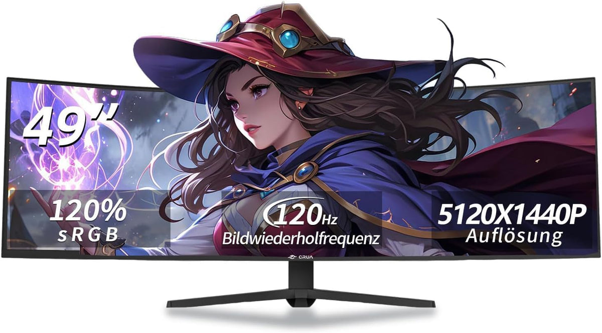 Monitor Gaming Curvo CRUA de 49" Ultra-Wide 32:10 DFHD 3840x1080, 165Hz/144Hz, 1500R, AMD FreeSync, 120% sRGB, HDR10, Ajustable en Altura, HDMI 2.0 * 2 y DP * 2, Montaje en Pared – Negro