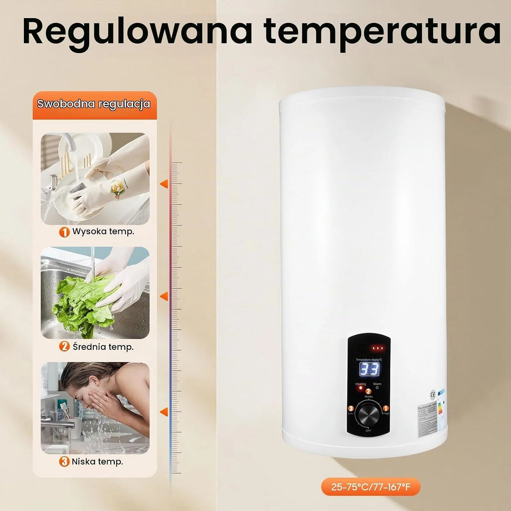 Elektryczny zbiornik ciepłej wody 220 V, zbiornik ścienny, podgrzewacz wody, wskaźnik temperatury, bojler elektryczny 2000 W (biały, 50 l)