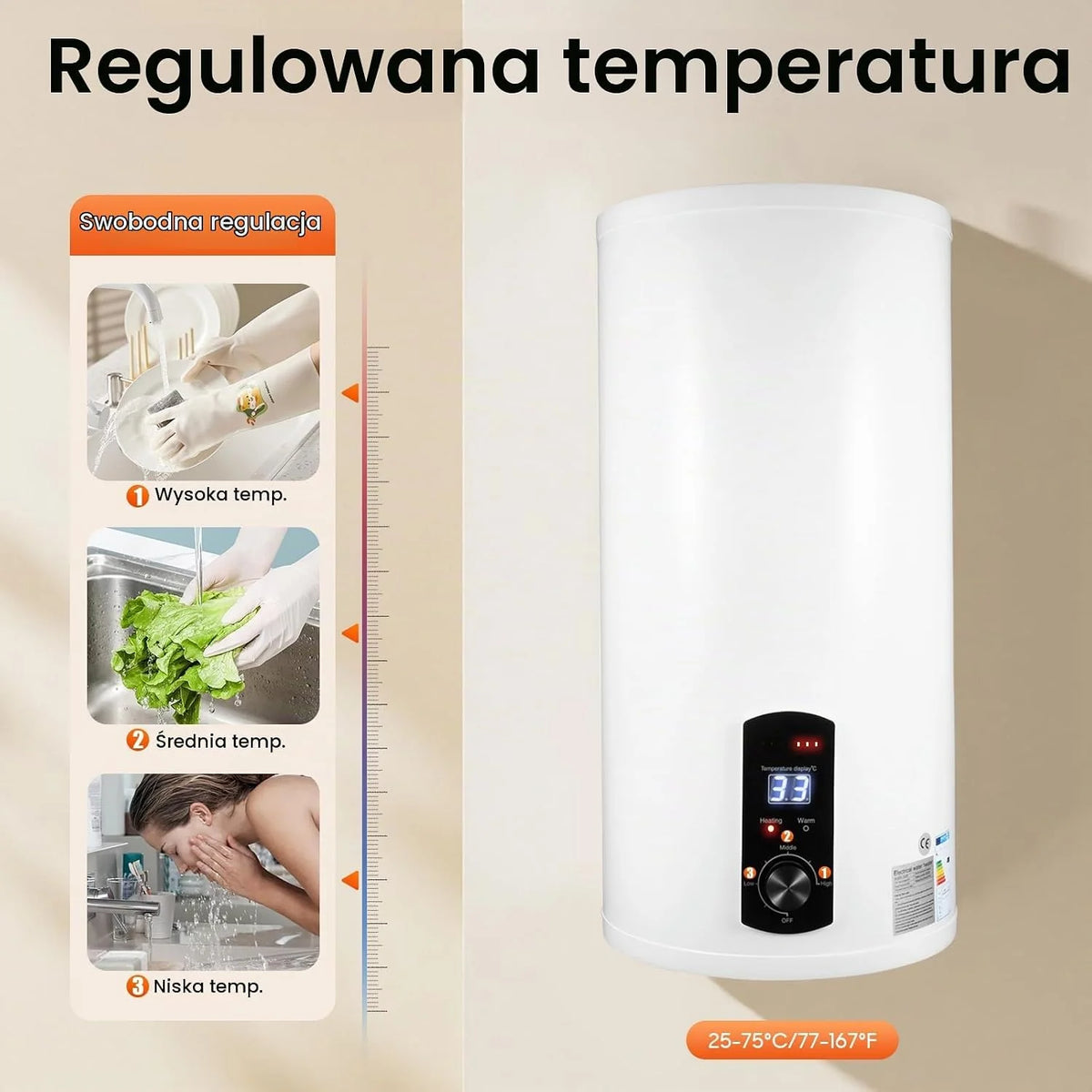 Elektryczny zbiornik ciepłej wody 220 V, zbiornik ścienny, podgrzewacz wody, wskaźnik temperatury, bojler elektryczny 2000 W (biały, 50 l)