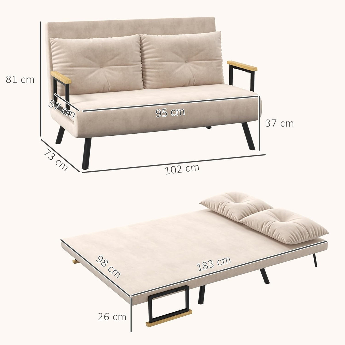 HOMCOM Sofá cama 4 en 1, sofá de 2 plazas con función de cama, 183 x 98,5 cm, sofá plegable con respaldo ajustable en 5 niveles, cojín lumbar y aspecto de terciopelo para salón, beige