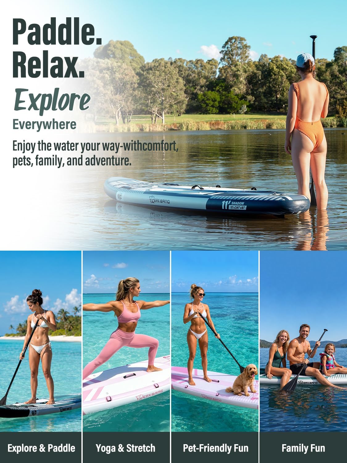 TIGERXBANG Tabla de surf de remo inflable (SUP) con accesorios, 335 × 86 × 15 cm, tabla SUP para adultos, colección Shadow