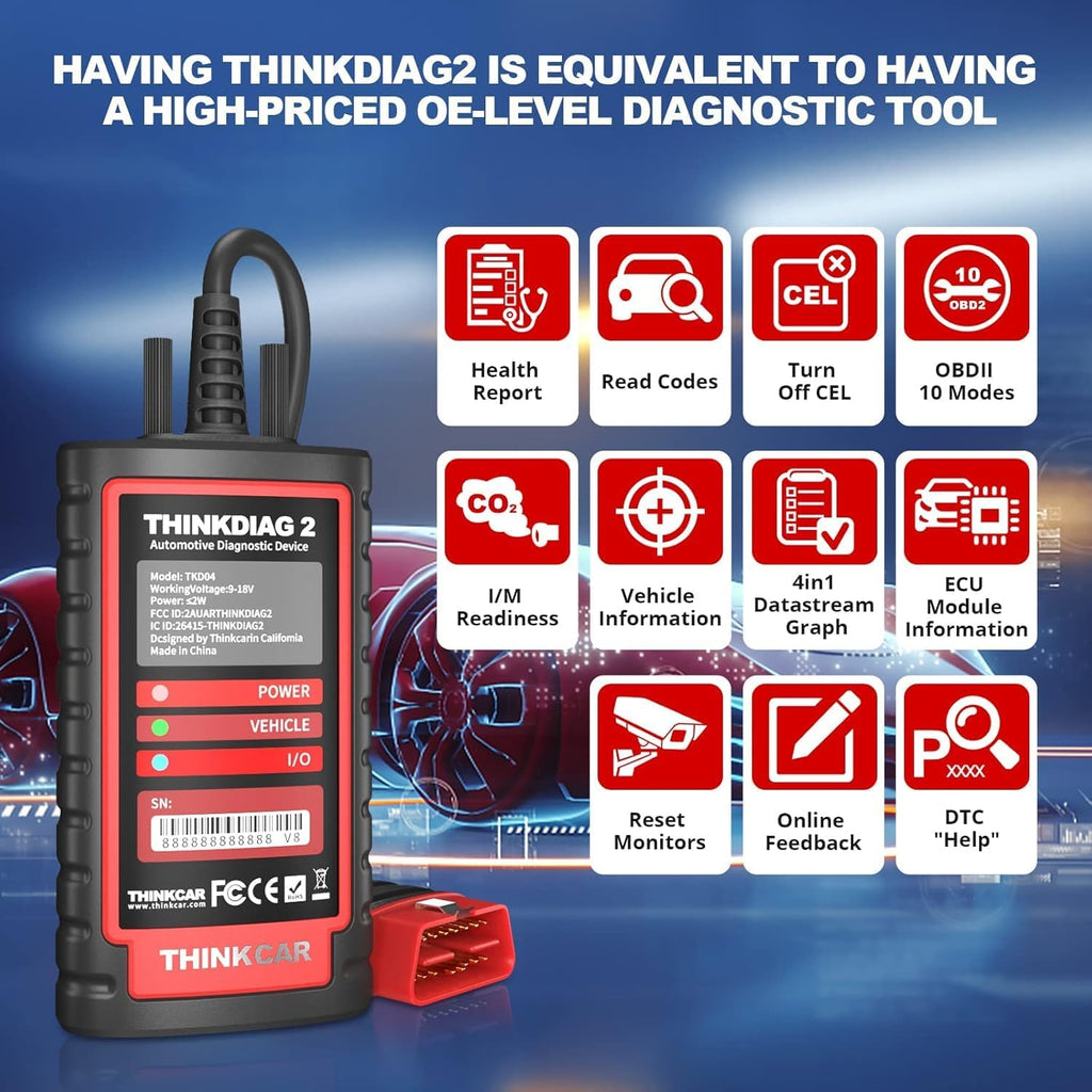 Escáner de diagnóstico para coche Thinkcar ThinkDiag 2, funciones OBD-II con 15 reinicios para sistemas completos, Bluetooth 5.0 compatible con protocolo CAN-FD, 1 año de actualización gratuita