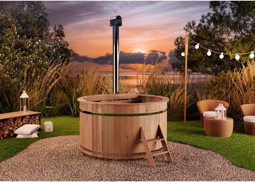 Tina de baño de madera Bergen, Hot Tub Ø 160 x 110 cm, incl. estufa de acero inoxidable de 22 kW y escalera de acceso, 3-4 personas, piscina, tina de baño, hidromasaje