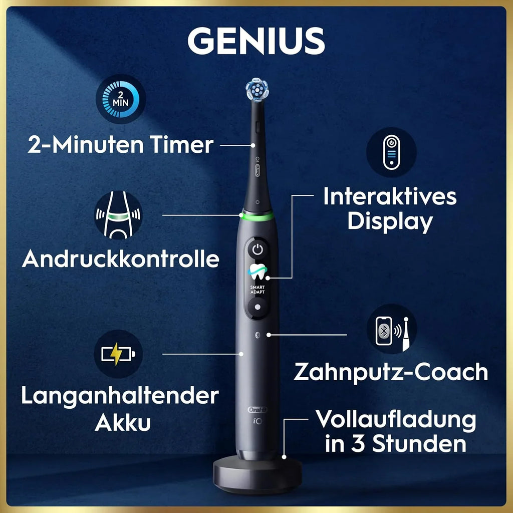 Cepillo de dientes eléctrico recargable iO Series 9 con cabezales, 7 modos de limpieza, control de presión inteligente, cabezal redondo, negro