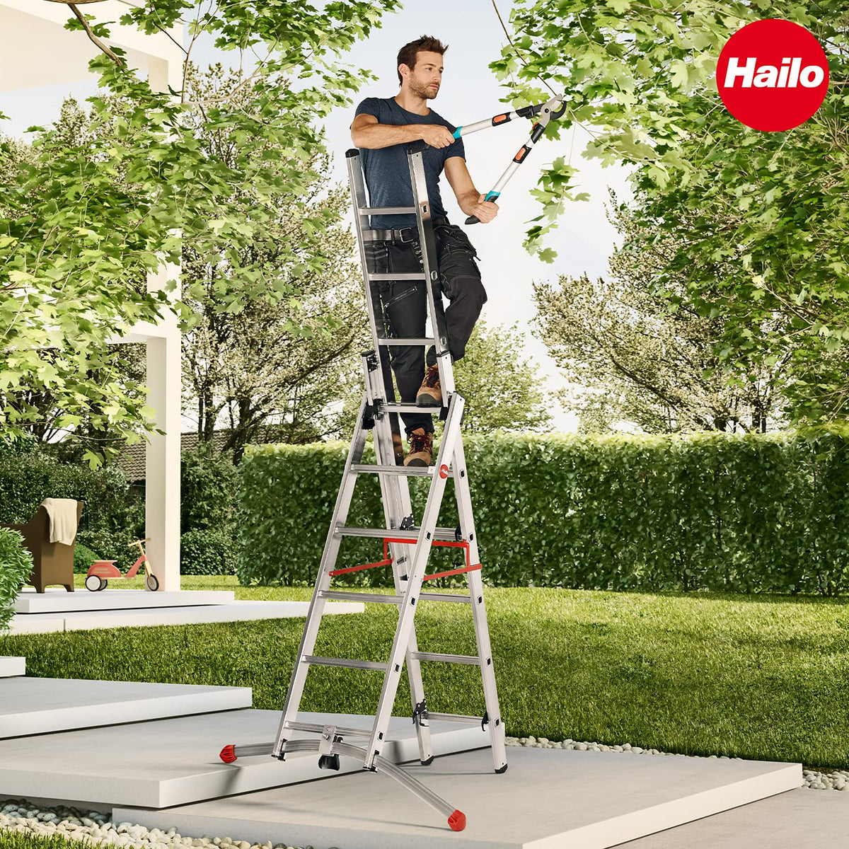 Escalera combinada Hailo S100 ProfiLOT de 3 tramos de aluminio, sistema LOT, 3x12 peldaños perfilados, 150 kg, inoxidable, plateada