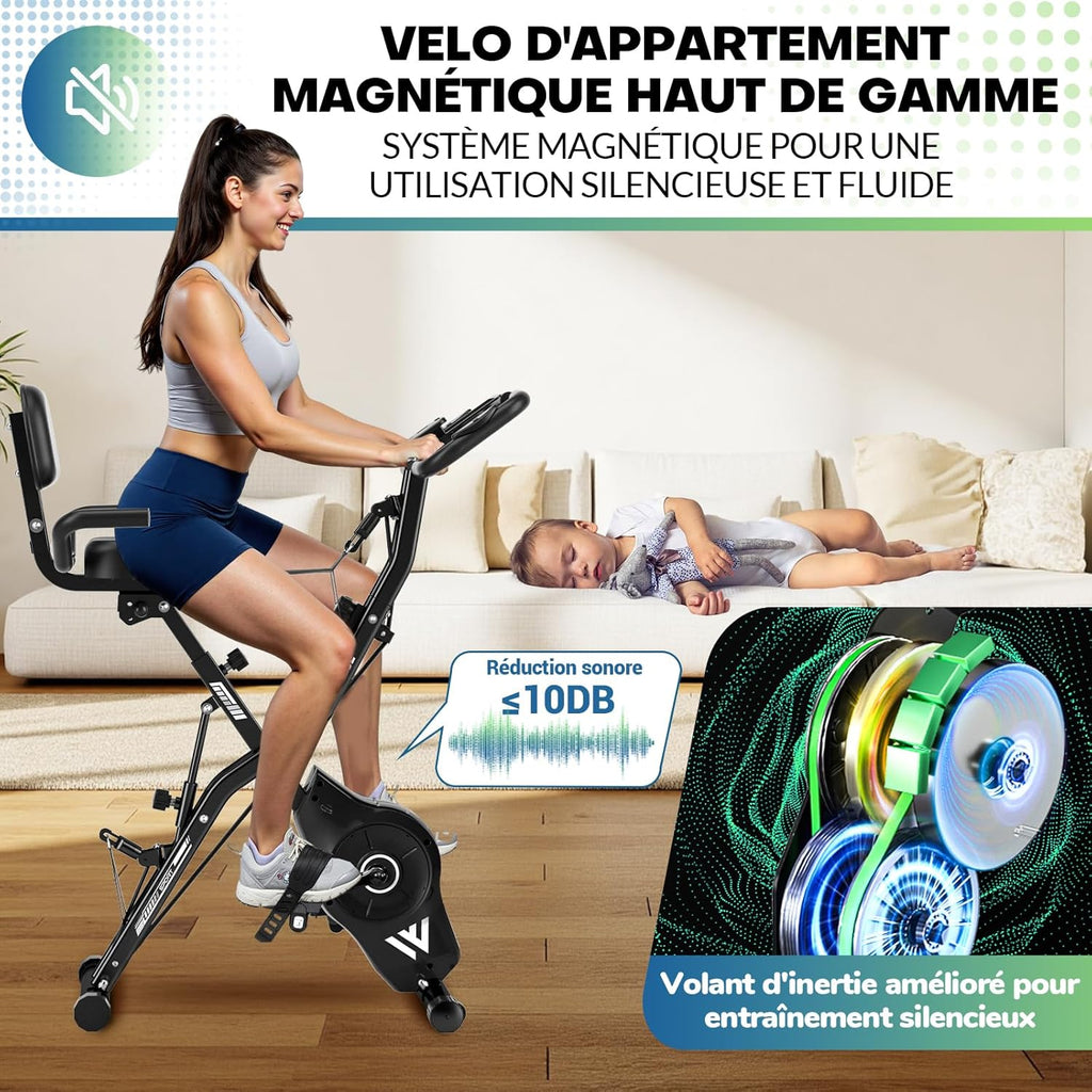 Bicicleta estática, SLUNSE Bicicleta estática 5 en 1 con 16 niveles de resistencia magnética, bicicleta estática plegable con 10 dB, bicicletas de fitness para entrenamiento cardiovascular en casa, capacidad de 160 kg