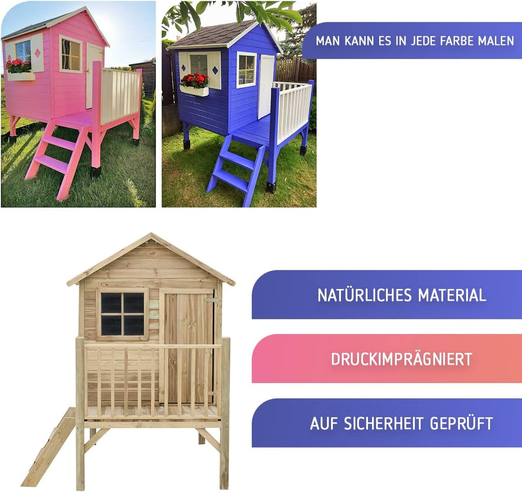 Casita de jardín para niños - Casa de juegos infantil para exterior - De madera de pino cepillada e impregnada - Casita de jardín original y única - Tipo de madera: pino cepillado