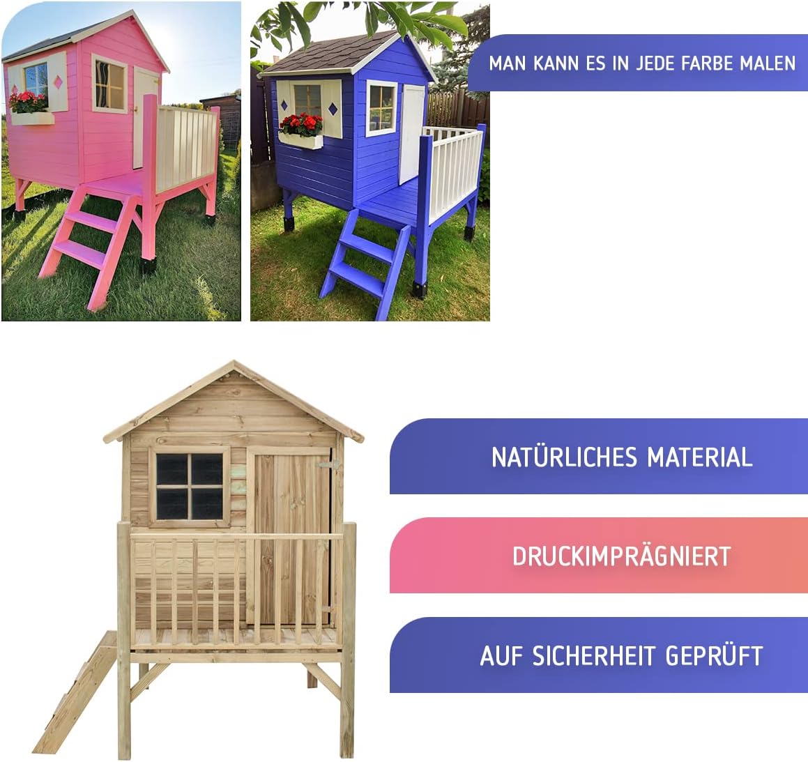 Casita de jardín para niños - Casa de juegos infantil para exterior - De madera de pino cepillada e impregnada - Casita de jardín original y única - Tipo de madera: pino cepillado