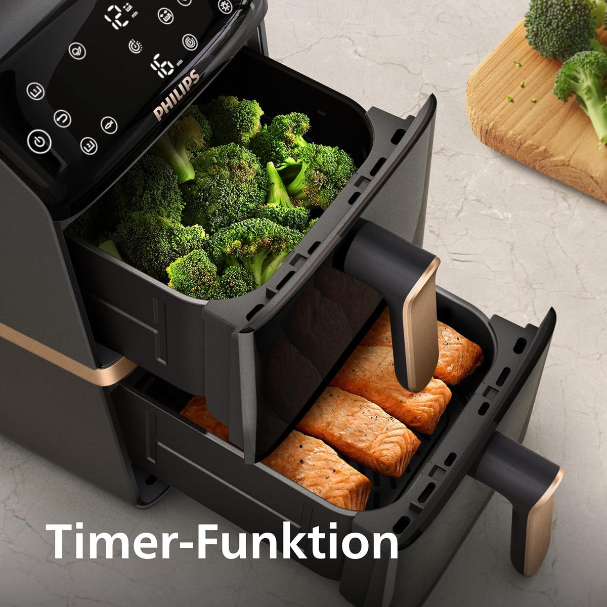 Philips Airfryer Serie 4000 de doble cesta apilada, freidora de aire con 2 cestas apiladas, 10 l, tecnología RapidAir, 45 % menos de espacio, revestimiento cerámico sin PFAS, ventana de visualización (NA462/70)