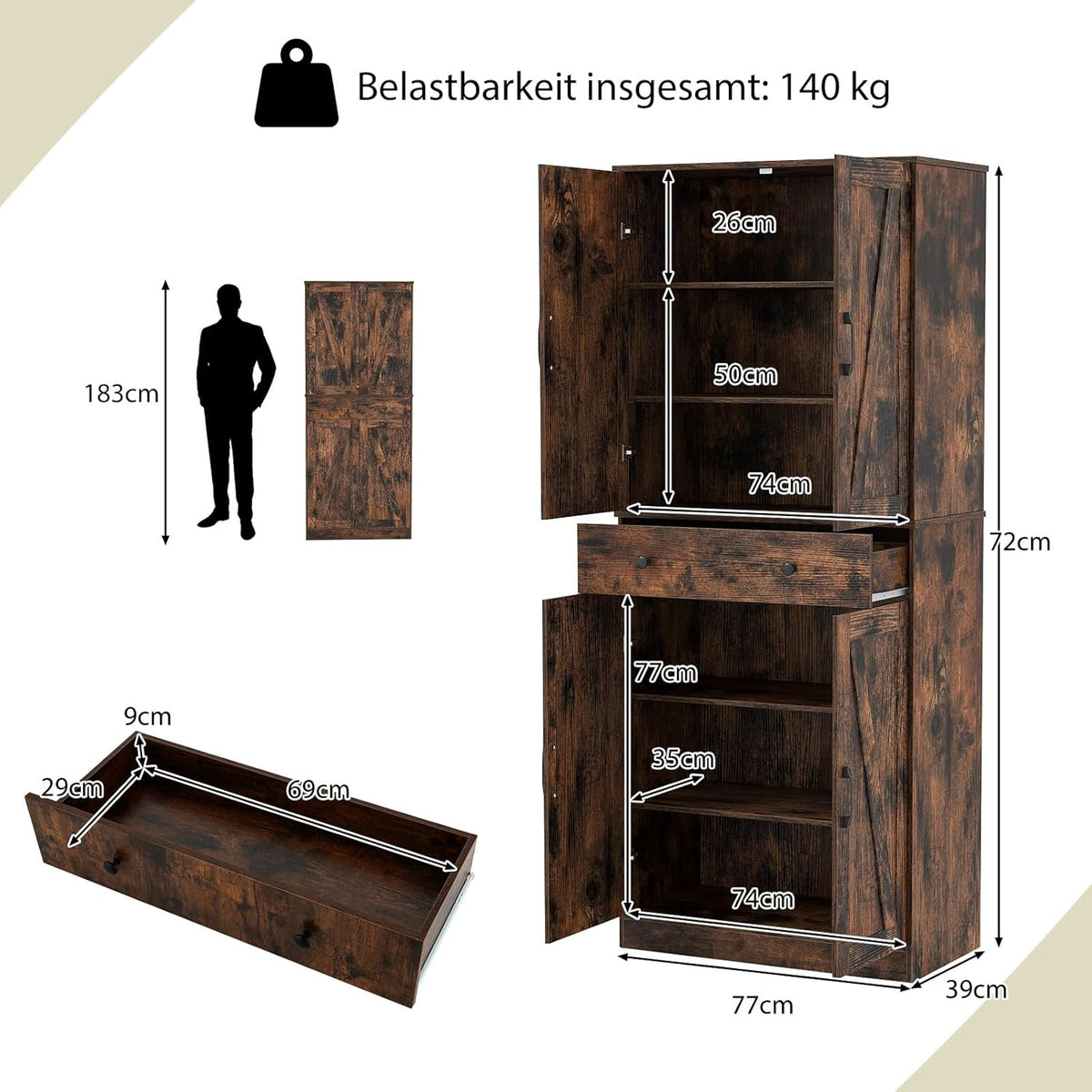 COSTWAY Armario de cocina alto, 183 cm, despensa con 4 puertas, cajón y 3 estantes ajustables, armario multiusos moderno, alacena alta, para cocina, comedor y salón, marrón
