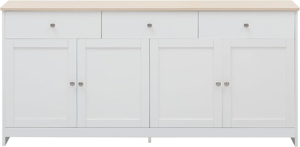 Aparador Ymkua, buffet, cómoda para salón y comedor, armario de almacenamiento con 4 puertas y 3 cajones, armario de salón moderno, 160x37x75 cm, madera y blanco