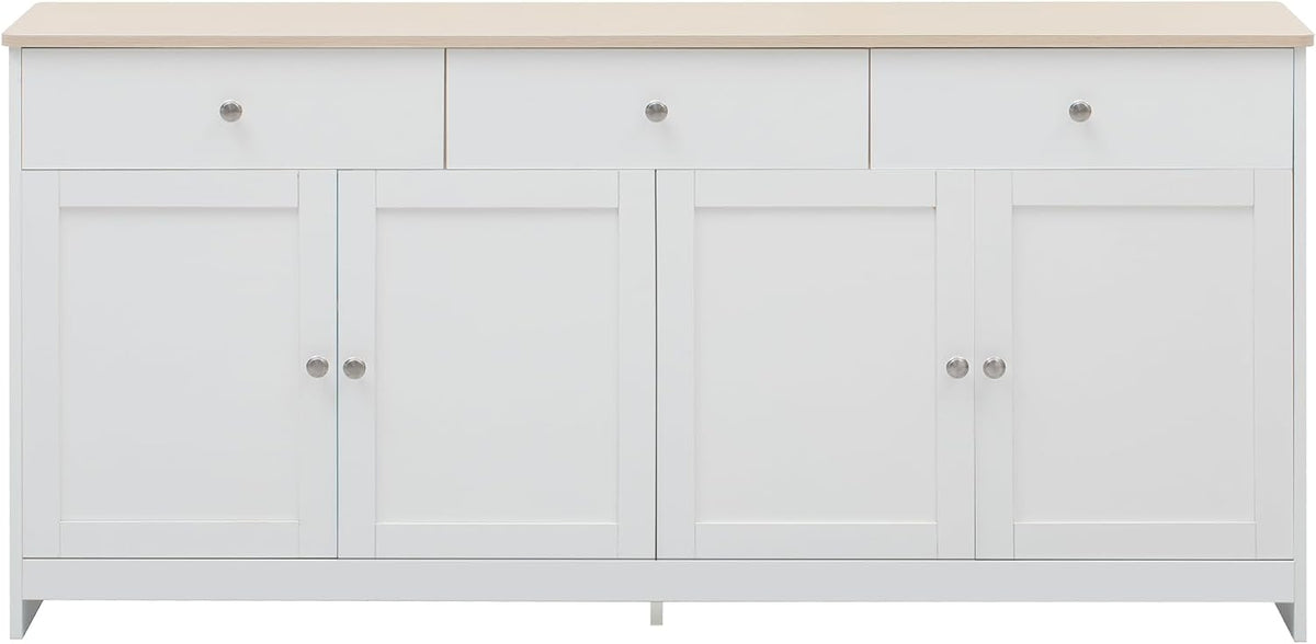 Aparador Ymkua, buffet, cómoda para salón y comedor, armario de almacenamiento con 4 puertas y 3 cajones, armario de salón moderno, 160x37x75 cm, madera y blanco
