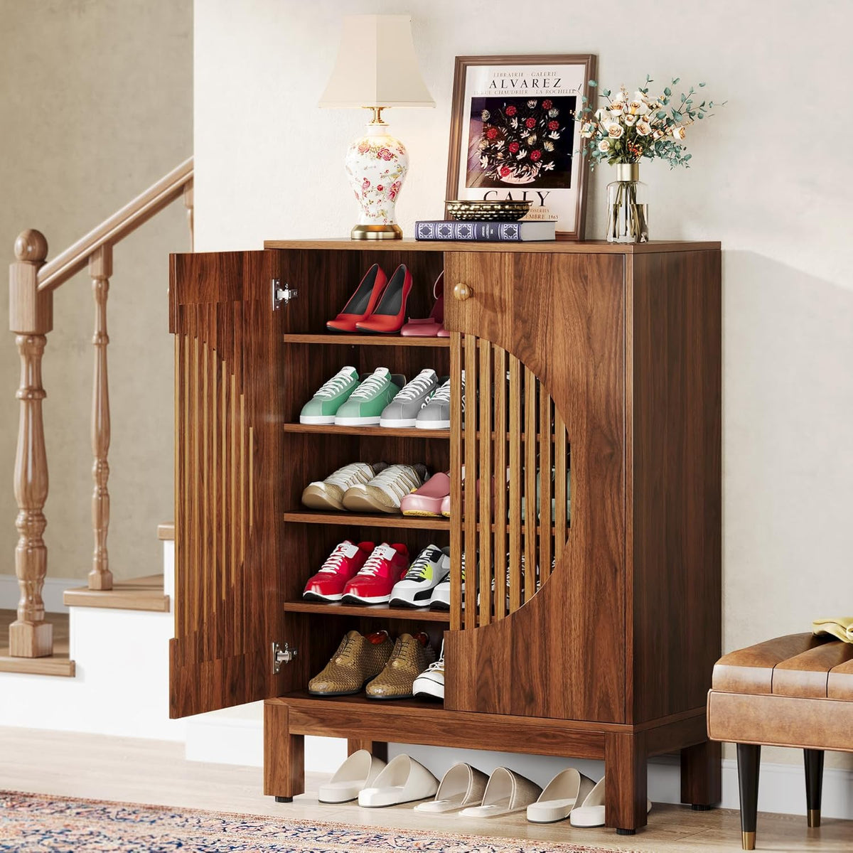 Tribesigns zapatero, estante para zapatos de 5 niveles, mueble zapatero estrecho con puertas de lamas, 20 pares, con estantes ajustables, organizador de madera para entrada, pasillo, salón (marrón)