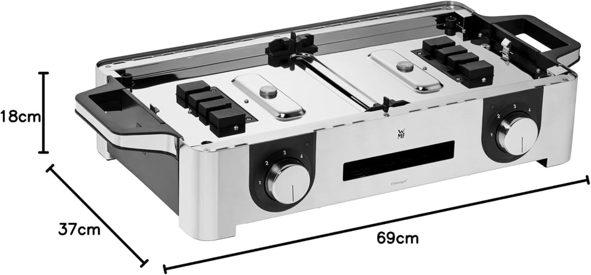 WMF Lono Master-Grill, parrilla eléctrica, 50x28 cm, parrilla de mesa eléctrica con protector contra el viento y bandeja de goteo, certificada para uso en exteriores, 2 superficies de cocción regulables por separado, 2400 W, acero inoxidable mate