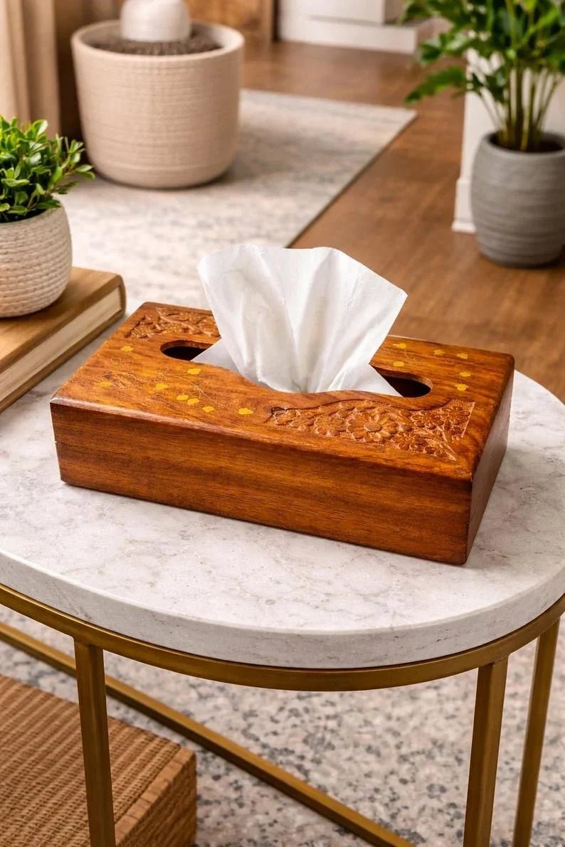 Caja rectangular de madera para servilletas con tallado floral, decoración rústica para baño, oficina o escritorio