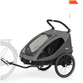Remolque infantil para bicicleta Dryk Duo 2 en 1, remolque y cochecito para 2 niños, plegable, con barra de tiro y bandera de seguridad