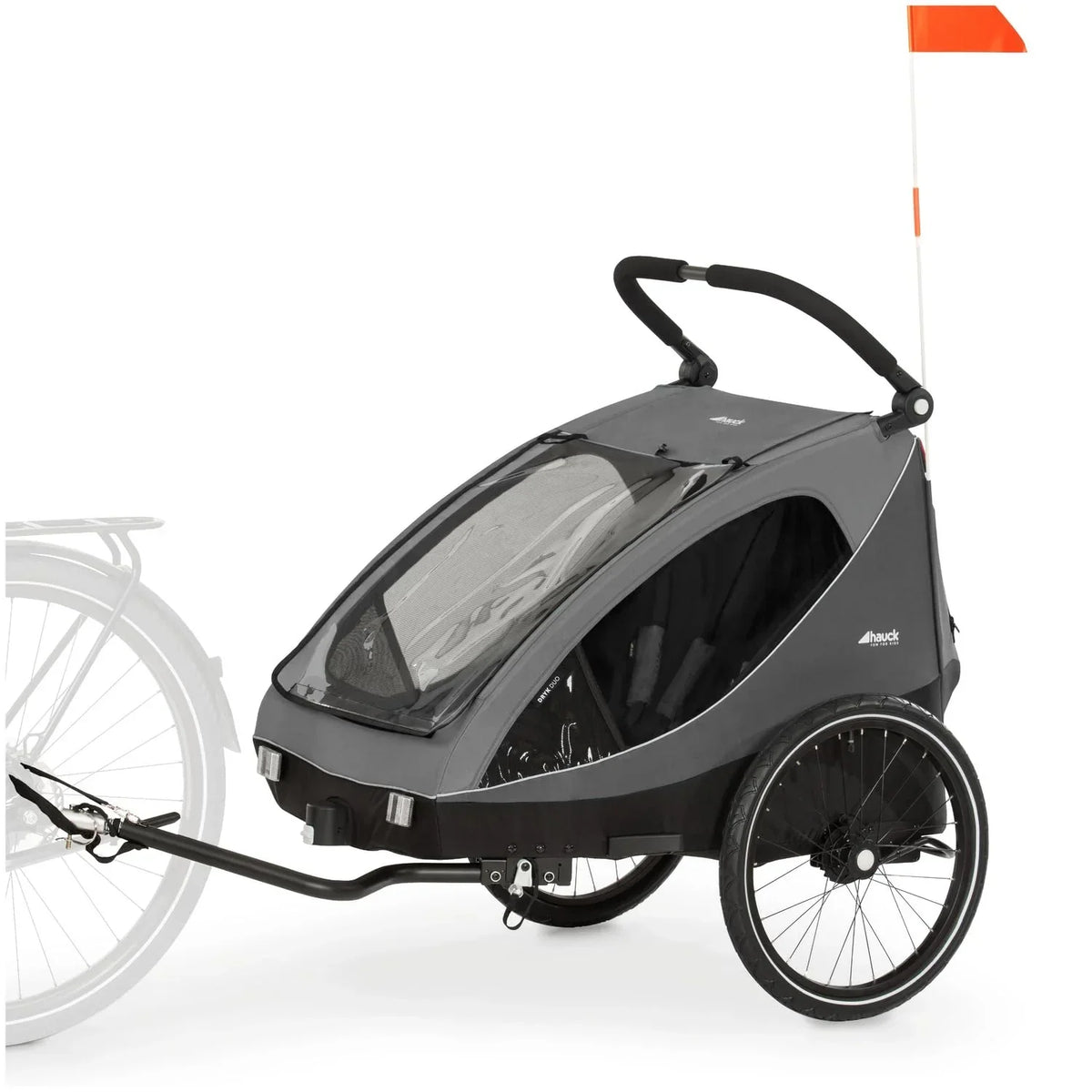 Remolque infantil para bicicleta Dryk Duo 2 en 1, remolque y cochecito para 2 niños, plegable, con barra de tiro y bandera de seguridad