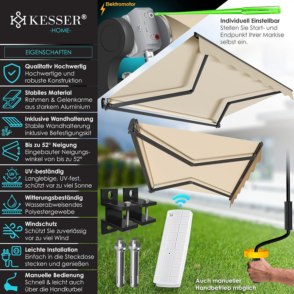 KESSER® Toldo articulado eléctrico con mando a distancia, toldo de brazos articulados, 250 x 200 cm, toldo para terraza, toldo de sujeción, toldo solar, incl. soporte de pared, protección solar, toldo para balcón, beige