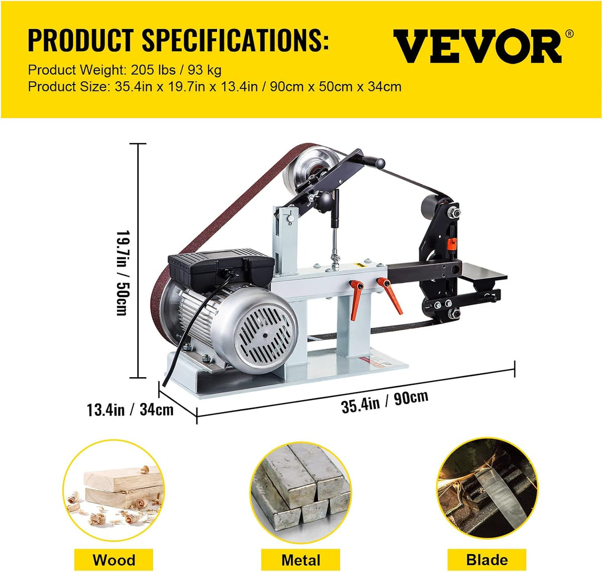 Lijadora de banda VEVOR 1500W, tamaño de banda 5,08x208,28 cm, velocidad constante 2800 r/min, lijadora de banda con varios tipos de lijado, para pulir herramientas, metal, madera y acrílico