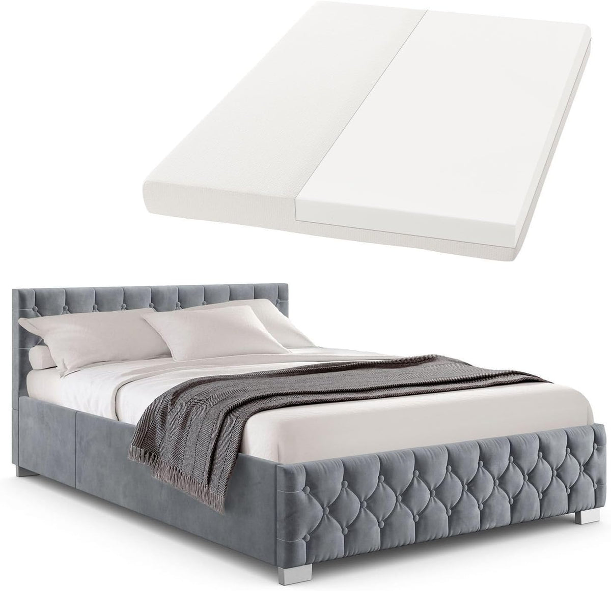 Cama tapizada Juskys Nizza 180x200 cm con colchón, estructura de cama con somier, almacenamiento y luz LED, tapizado de terciopelo, capitoné estilo Chesterfield, gris