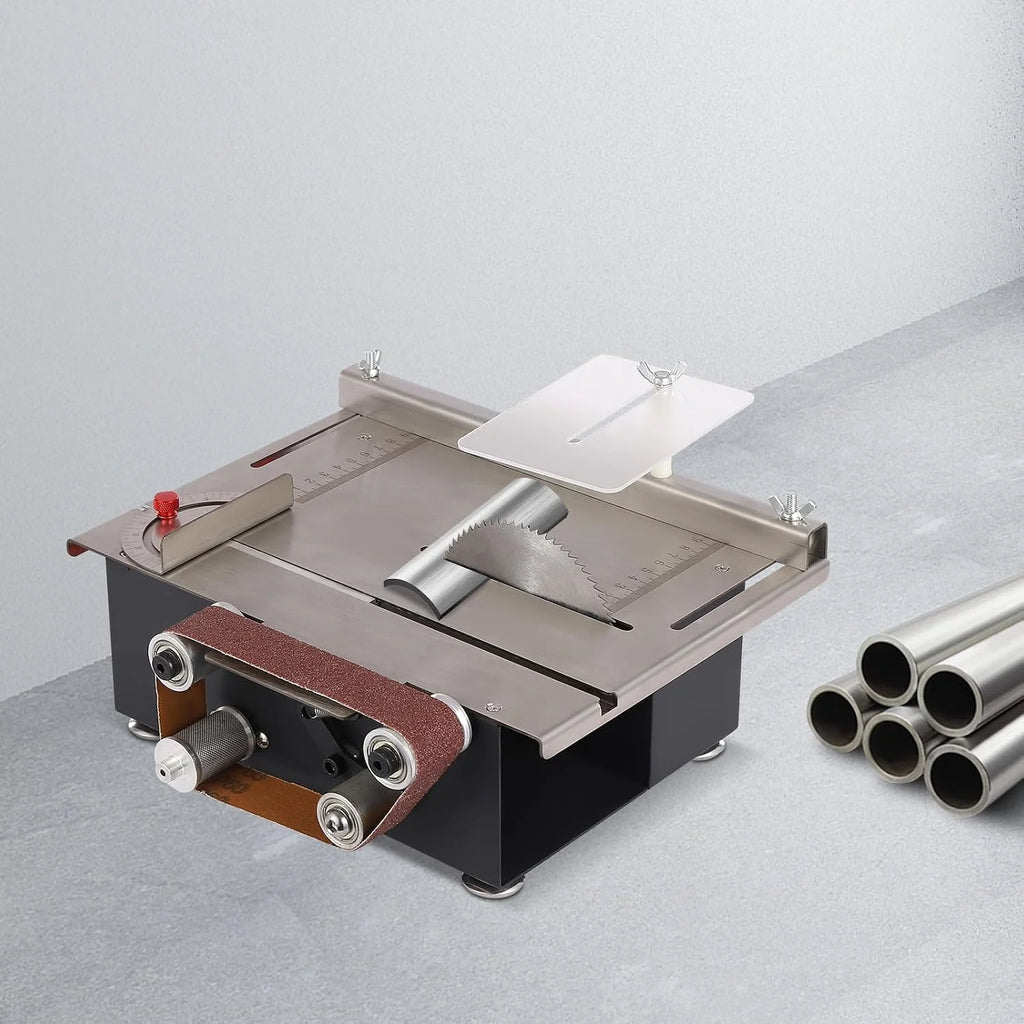 Mini piła stołowa 200 W, 7-biegowa, nachylona 0-90°, 4 brzeszczoty do drewna, tworzywa sztucznego, głębokość cięcia 33 mm, 10 taśm szlifierskich, szlifierek taśmowych, wielofunkcyjna piła stołowa do