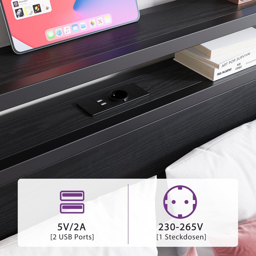 HOJINLINERO 140 x 200 cm, z przechowywaniem, stelażem, ładowaniem USB i LED, nowoczesne