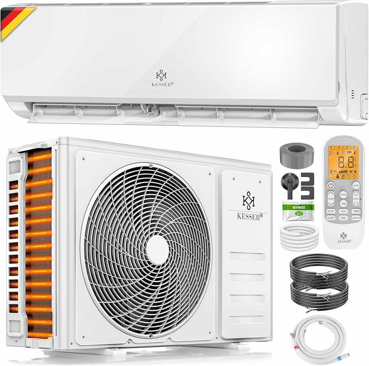 KESSER® Set de aire acondicionado Split - con función WiFi/App - Refrigeración A++/ Calefacción A+ - 9000 BTU/h (2600 vatios) Refrigerante R32 - Mando a distancia, función de temporizador - Incluye material de montaje completo