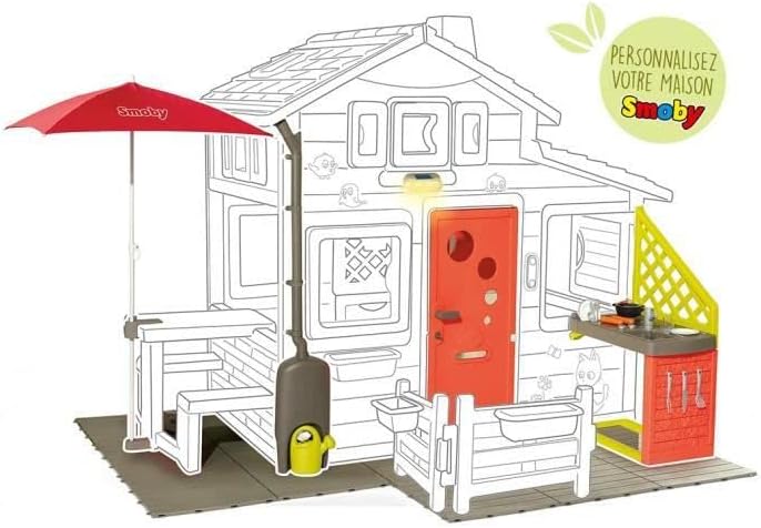 Smoby Life - Casita de juegos Friends House EVO con 2 puertas, 6 ventanas y mesa de picnic extraíble – Fabricada en material reciclado, protección UV, para niños a partir de 3 años (7600810208)