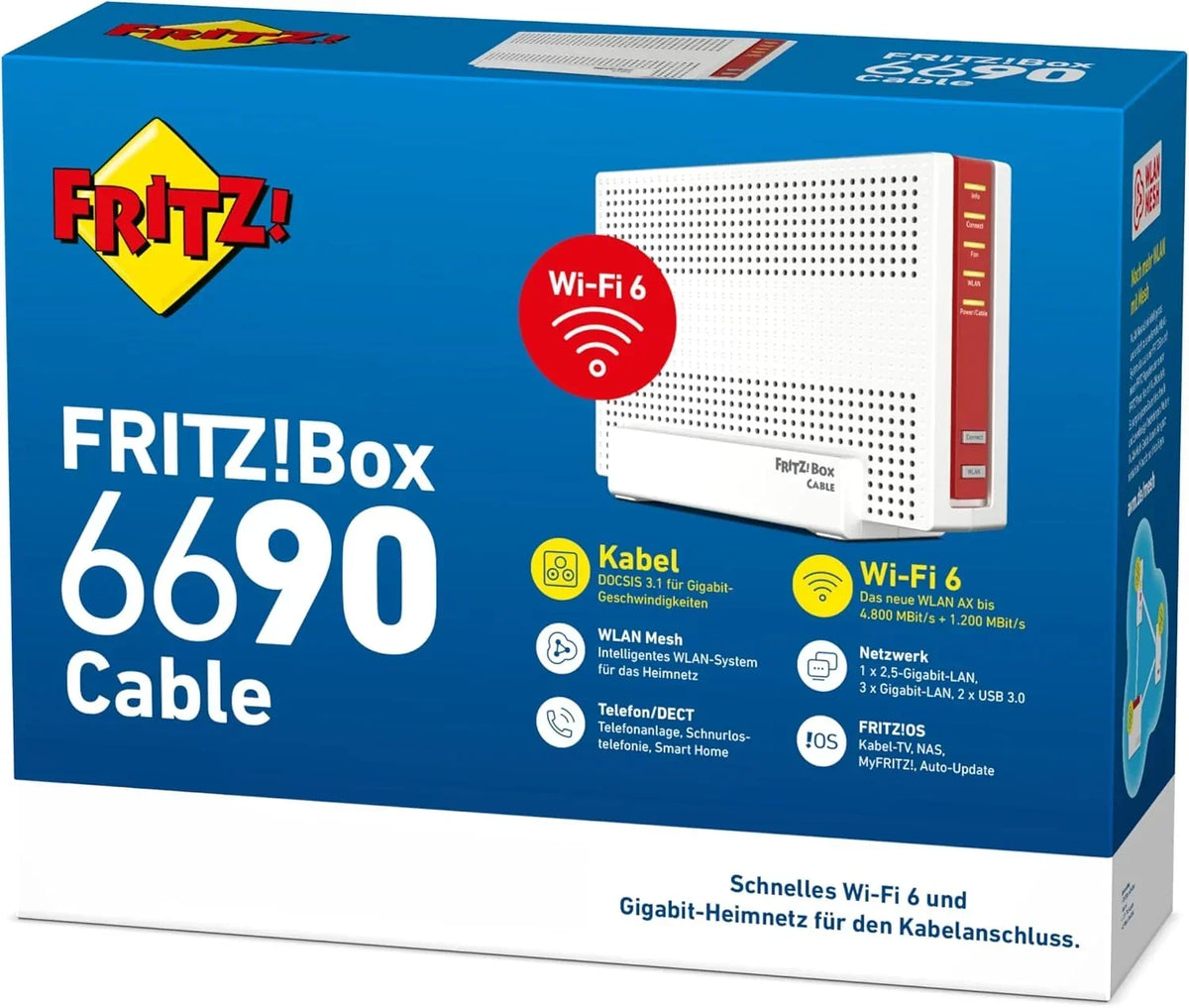 Router Cablemódem DOCSIS 3.1 6690 Cable Wi-Fi 6 de doble banda 6000 Mbit/s LAN de 2.5 Gigabit USB 3.0 DECT