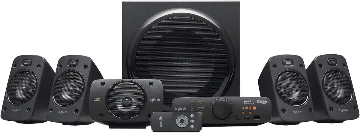 Sistema de sonido 5.1 Logitech Z906, altavoces con sonido envolvente de 1000 vatios, THX, múltiples entradas de audio, mando a distancia, enchufe UE, PC/PS4/Xbox/equipo estéreo/TV/smartphone/tableta - Negro